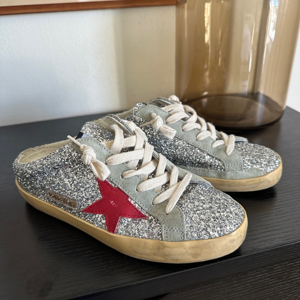 Golden Goose Silver Glitter Sneakers with Red Star